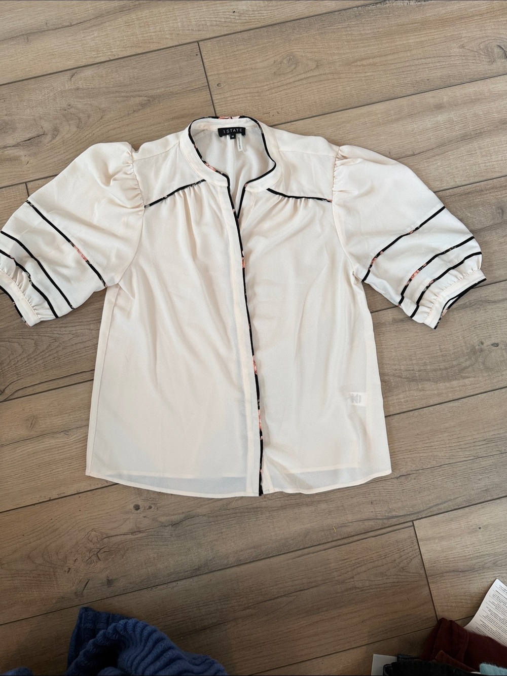 1. State Cream Short Puff Sleeve Blouse with Black Piping
